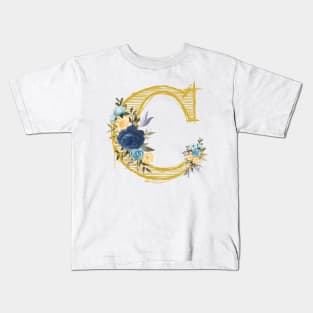 Monogram Letter C In Metallic Gold With Aesthetic Blue Flowers Botany Kids T-Shirt